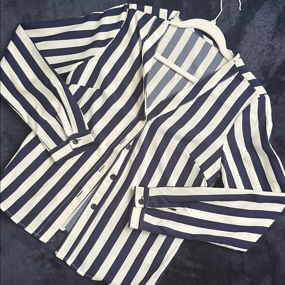 52# Navy and White Striped Button-Up Shirt